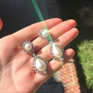 Vintage Crystal Encrusted Pearl Drop Earrings Pair